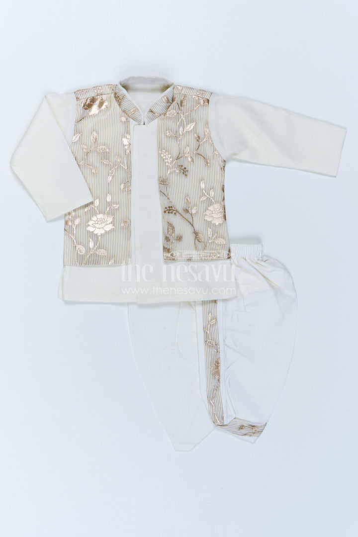 The Nesavu Boys Jacket Sets Boys Designer Jacket Set for Festive Wedding Celebrations Nesavu 10 (NB) / Half white / Viscose Silk BES1023A-10 Nesavu Boys Designer Jacket Set With Floral Ethnic Detailing For Festive Wedding Celebrations