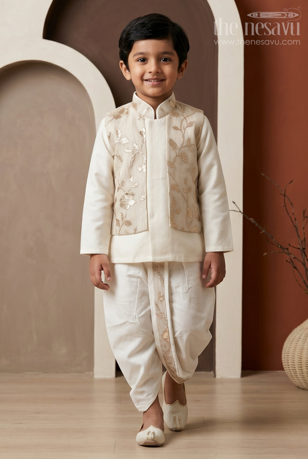 The Nesavu Boys Jacket Sets Boys Designer Jacket Set for Festive Wedding Celebrations Nesavu 10 (NB) / Half white / Viscose Silk BES1023A-10 Nesavu Boys Designer Jacket Set With Floral Ethnic Detailing For Festive Wedding Celebrations
