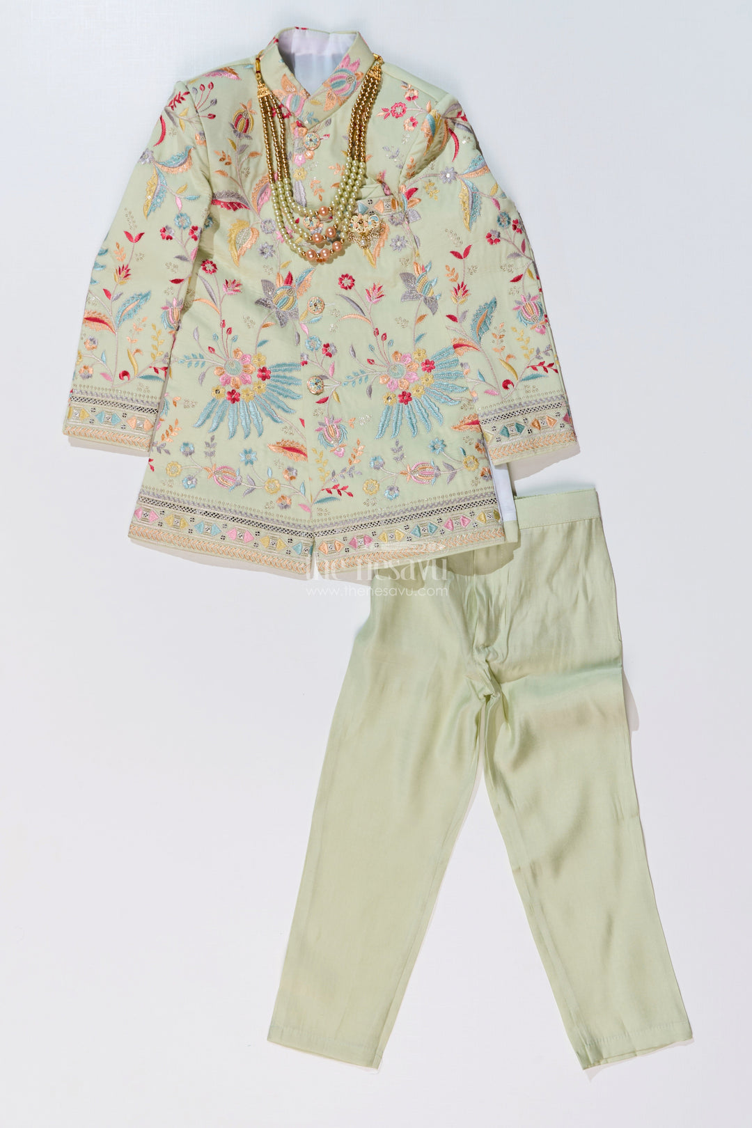 The Nesavu Boys Sherwani Boys Designer Kurta for Wedding with Embroidered Details and Silk Pants for Festive Wear Nesavu 20 (3Y) / Green BES650B-20 Boys Designer Kurta Wedding Embroidery Silk Pants Traditional Wear | The Nesavu