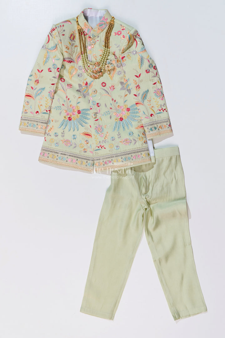 The Nesavu Boys Sherwani Boys Designer Kurta for Wedding with Embroidered Details and Silk Pants for Festive Wear Nesavu 20 (3Y) / Green BES650B-20 Boys Designer Kurta Wedding Embroidery Silk Pants Traditional Wear | The Nesavu