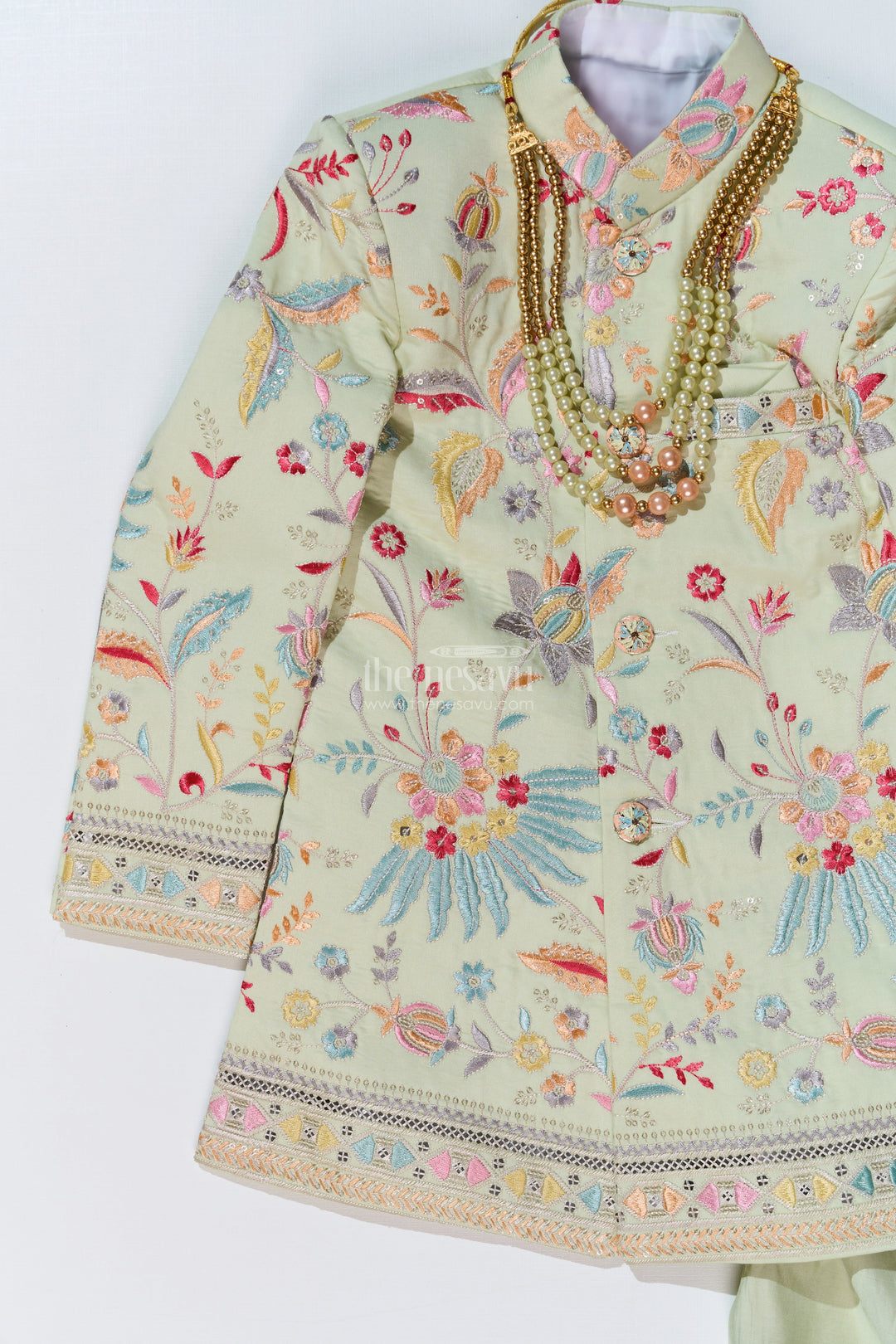 The Nesavu Boys Sherwani Boys Designer Kurta for Wedding with Embroidered Details and Silk Pants for Festive Wear Nesavu Boys Designer Kurta Wedding Embroidery Silk Pants Traditional Wear | The Nesavu