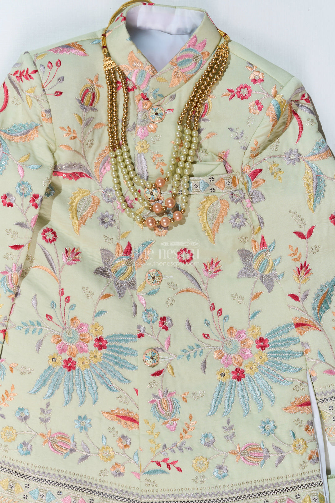 The Nesavu Boys Sherwani Boys Designer Kurta for Wedding with Embroidered Details and Silk Pants for Festive Wear Nesavu Boys Designer Kurta Wedding Embroidery Silk Pants Traditional Wear | The Nesavu