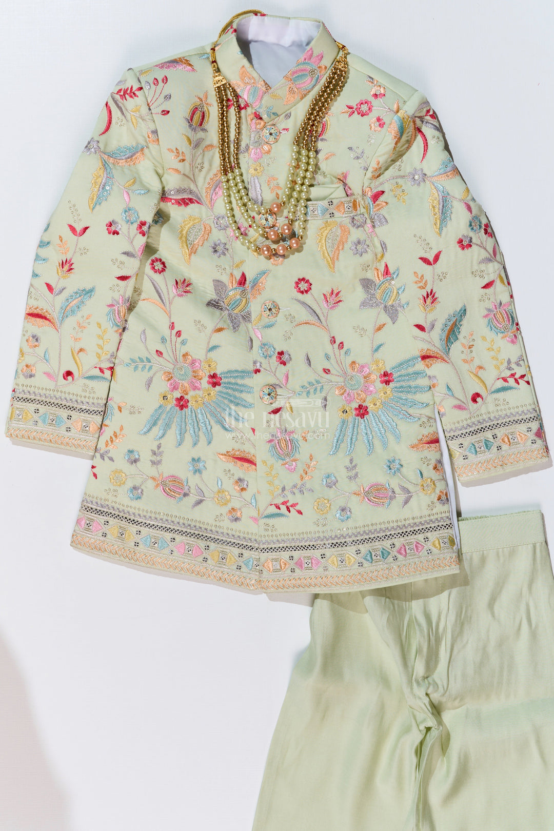 The Nesavu Boys Sherwani Boys Designer Kurta for Wedding with Embroidered Details and Silk Pants for Festive Wear Nesavu Boys Designer Kurta Wedding Embroidery Silk Pants Traditional Wear | The Nesavu