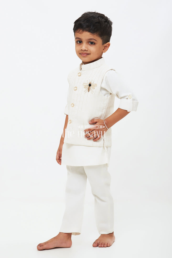 The Nesavu Boys Jacket Sets Boys' Designer Kurta Jacket & Pant Set - Silk Blend with Embroidery Nesavu 16 (1Y) / Cream BES562A-16 Boys' Designer Kurta Jacket & Pant Set - Silk Blend with Bee Embroidery