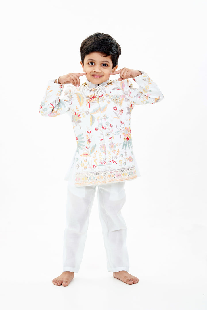 The Nesavu Boys Sherwani Boys Designer Kurtha with Embroidered Floral Patterns and Matching Pants for Special Occasions Nesavu 20 (3Y) / Half white BES650A-20 Boys Designer Kurtha Embroidery Matching Pants Festive Wedding Wear | The Nesavu