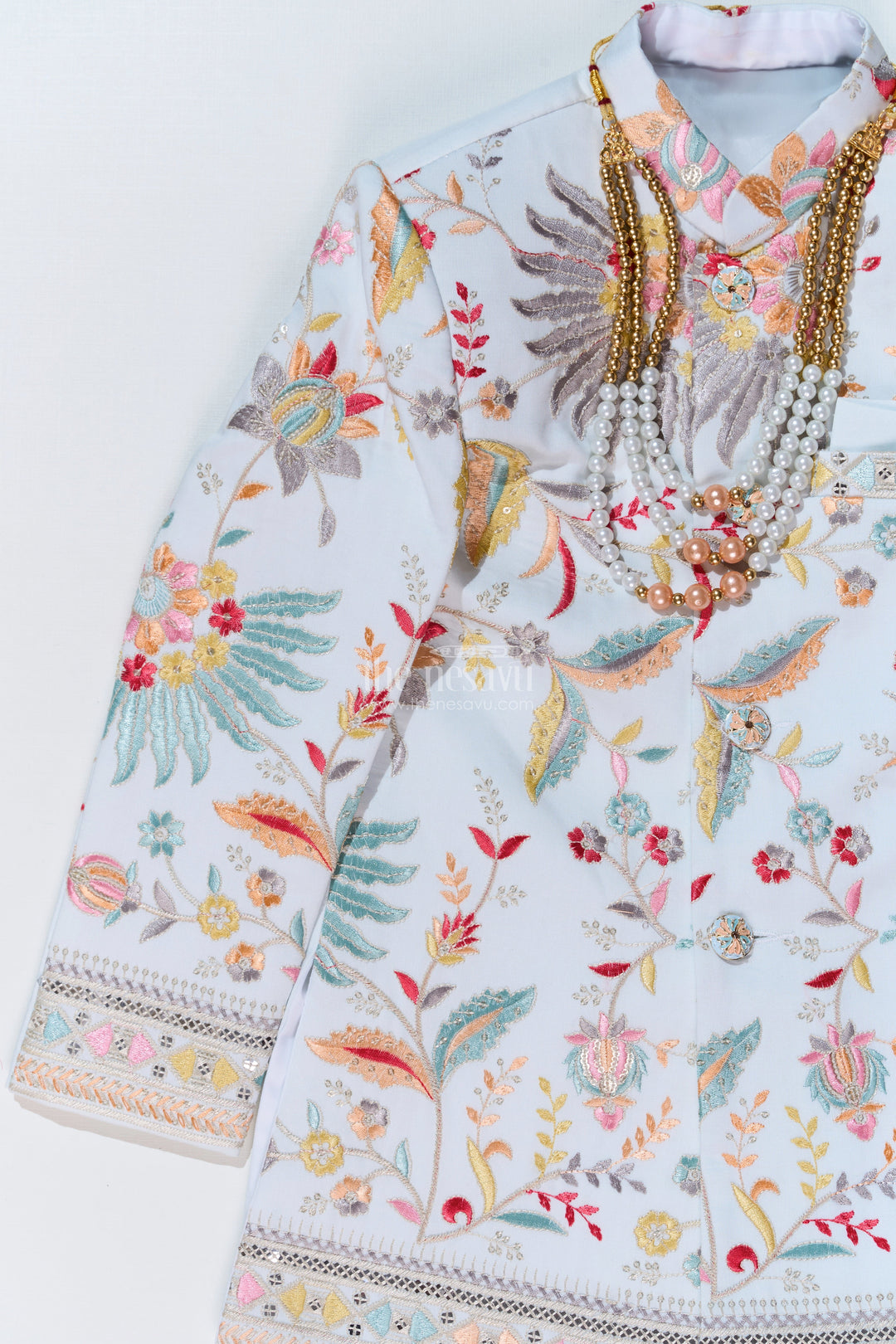 The Nesavu Boys Sherwani Boys Designer Kurtha with Embroidered Floral Patterns and Matching Pants for Special Occasions Nesavu Boys Designer Kurtha Embroidery Matching Pants Festive Wedding Wear | The Nesavu