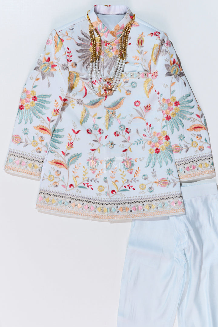 The Nesavu Boys Sherwani Boys Designer Kurtha with Embroidered Floral Patterns and Matching Pants for Special Occasions Nesavu Boys Designer Kurtha Embroidery Matching Pants Festive Wedding Wear | The Nesavu