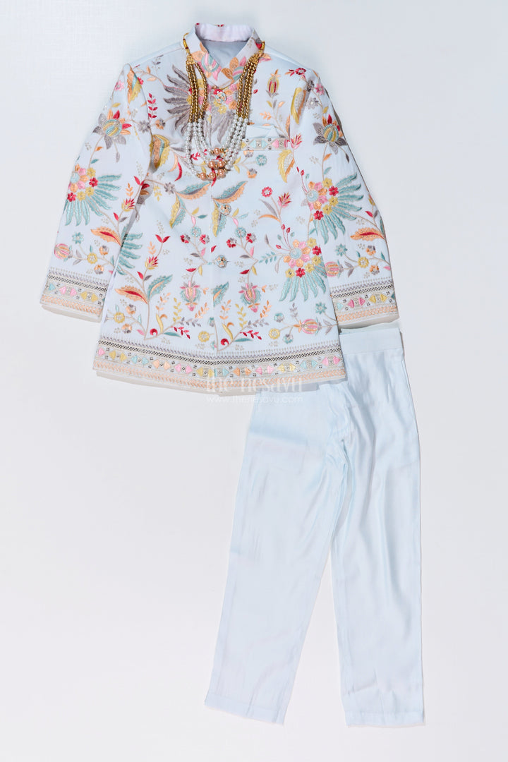 The Nesavu Boys Sherwani Boys Designer Kurtha with Embroidered Floral Patterns and Matching Pants for Special Occasions Nesavu Boys Designer Kurtha Embroidery Matching Pants Festive Wedding Wear | The Nesavu