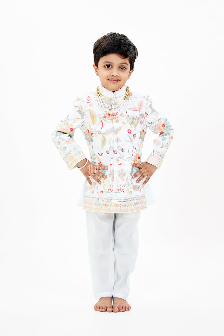 The Nesavu Boys Sherwani Boys Designer Kurtha with Embroidered Floral Patterns and Matching Pants for Special Occasions Nesavu Boys Designer Kurtha Embroidery Matching Pants Festive Wedding Wear | The Nesavu