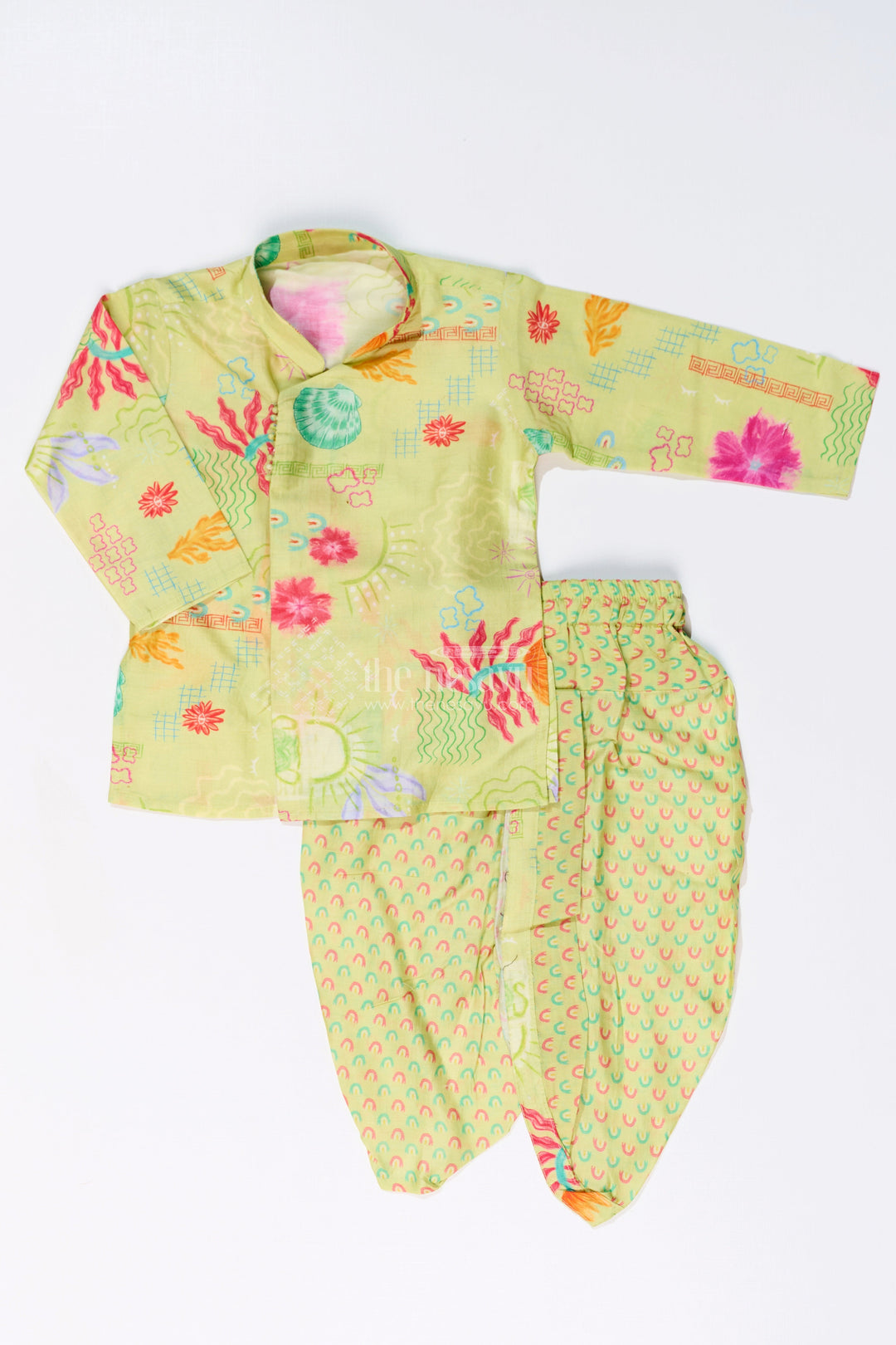 The Nesavu Boys Dothi Set Boys Dhoti and Kurta Set with Floral Printed Cotton Fabric for Ethnic Wear Nesavu 12 (3M) / Green BES651C-12 Boys Dhoti Kurta Set Floral Printed Cotton Fabric Traditional Wear | The Nesavu