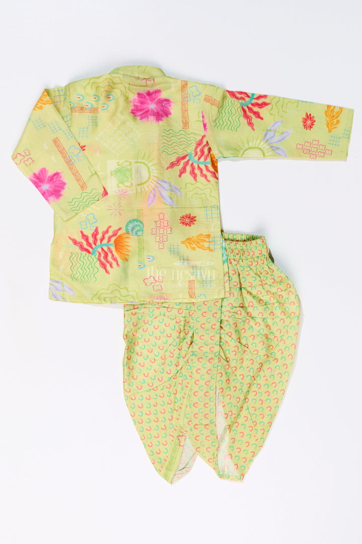 The Nesavu Boys Dothi Set Boys Dhoti and Kurta Set with Floral Printed Cotton Fabric for Ethnic Wear Nesavu Boys Dhoti Kurta Set Floral Printed Cotton Fabric Traditional Wear | The Nesavu