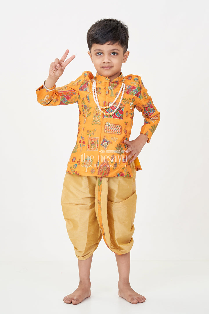 The Nesavu Boys Sherwani Boys Dhoti and Sherwani Set with Printed Yellow Kurta and Complete Traditional Accessory Kit Nesavu 12 (3M) / Yellow BES704A-12 Boys dhoti sherwani Set Yellow Printed Kurta Full Traditional Accessory Ensemble | The Nesavu