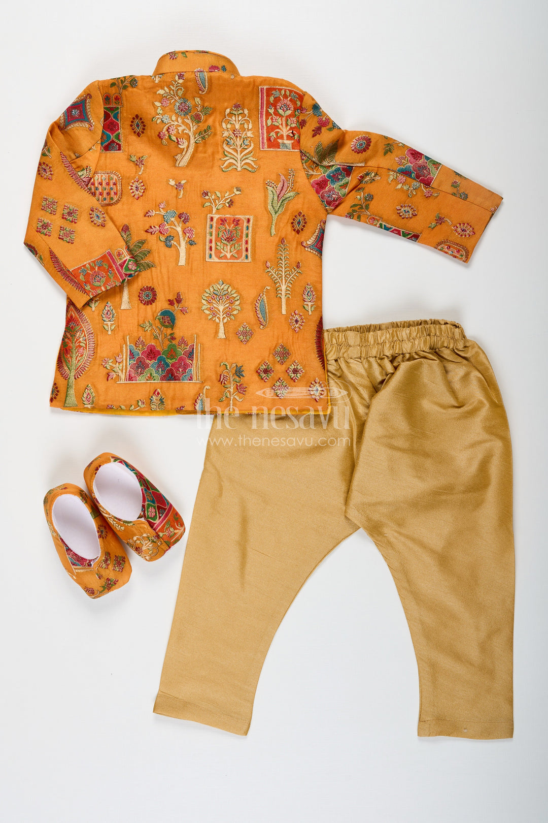 The Nesavu Boys Sherwani Boys Dhoti and Sherwani Set with Printed Yellow Kurta and Complete Traditional Accessory Kit Nesavu Boys dhoti sherwani Set Yellow Printed Kurta Full Traditional Accessory Ensemble | The Nesavu