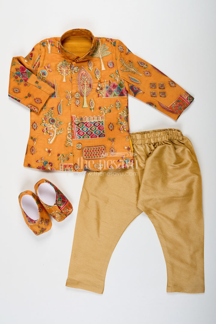 The Nesavu Boys Sherwani Boys Dhoti and Sherwani Set with Printed Yellow Kurta and Complete Traditional Accessory Kit Nesavu Boys dhoti sherwani Set Yellow Printed Kurta Full Traditional Accessory Ensemble | The Nesavu