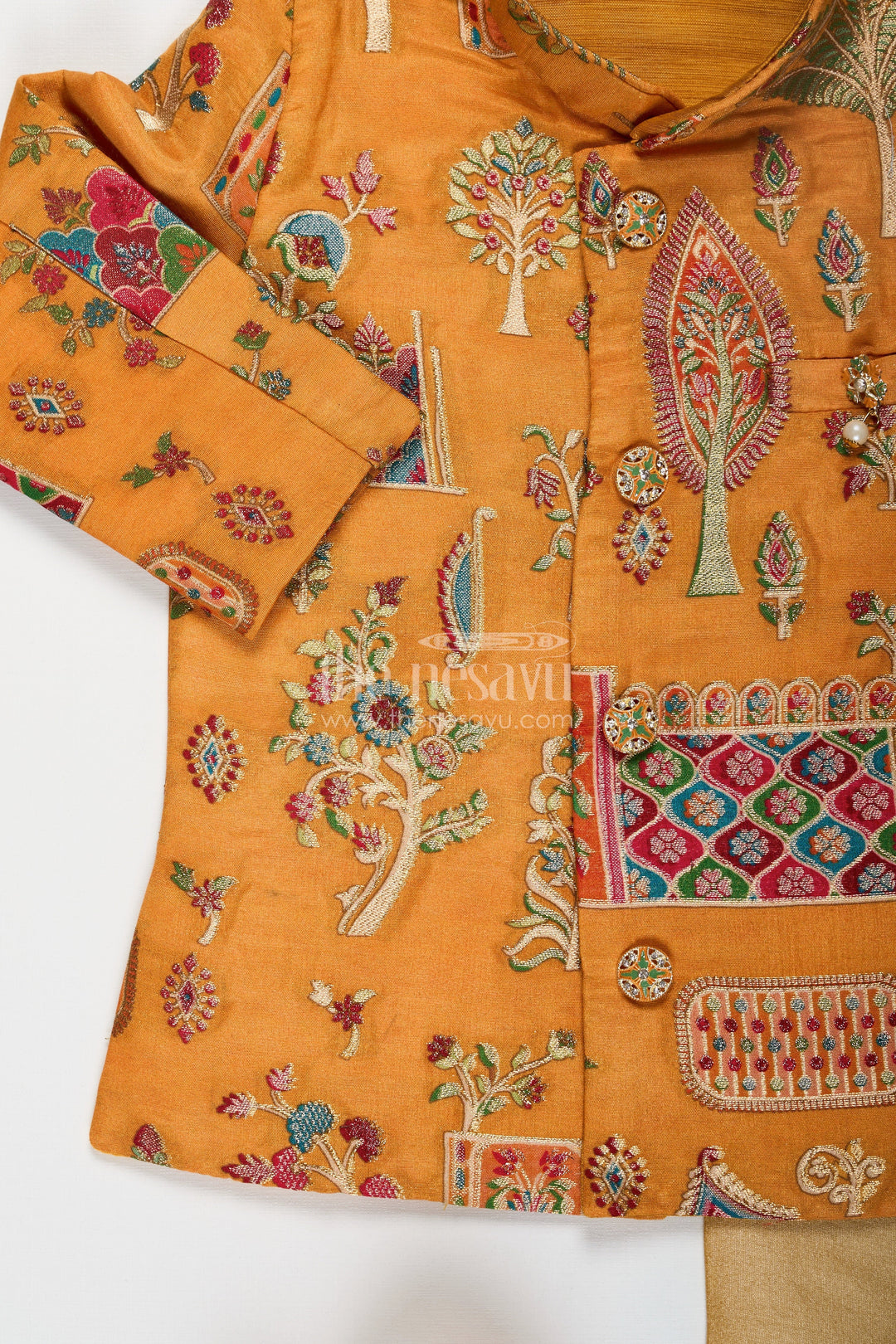 The Nesavu Boys Sherwani Boys Dhoti and Sherwani Set with Printed Yellow Kurta and Complete Traditional Accessory Kit Nesavu Boys dhoti sherwani Set Yellow Printed Kurta Full Traditional Accessory Ensemble | The Nesavu