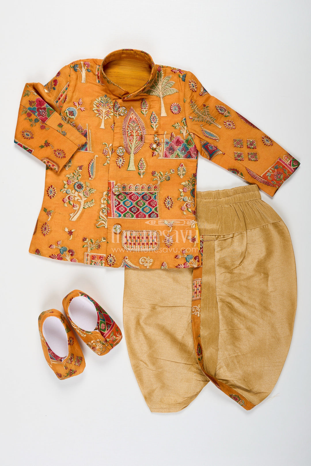 The Nesavu Boys Sherwani Boys Dhoti and Sherwani Set with Printed Yellow Kurta and Complete Traditional Accessory Kit Nesavu Boys dhoti sherwani Set Yellow Printed Kurta Full Traditional Accessory Ensemble | The Nesavu