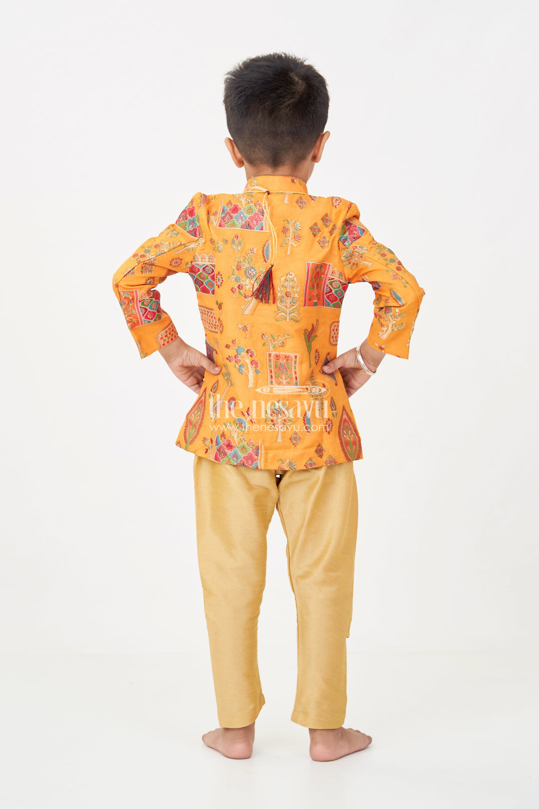 The Nesavu Boys Sherwani Boys Dhoti and Sherwani Set with Printed Yellow Kurta and Complete Traditional Accessory Kit Nesavu Boys dhoti sherwani Set Yellow Printed Kurta Full Traditional Accessory Ensemble | The Nesavu