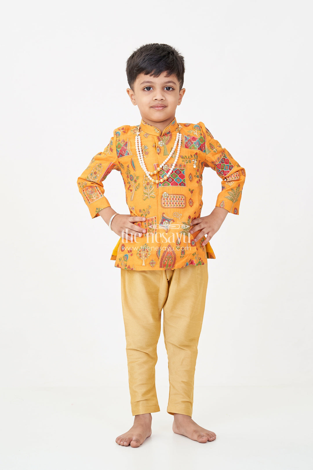 The Nesavu Boys Sherwani Boys Dhoti and Sherwani Set with Printed Yellow Kurta and Complete Traditional Accessory Kit Nesavu Boys dhoti sherwani Set Yellow Printed Kurta Full Traditional Accessory Ensemble | The Nesavu