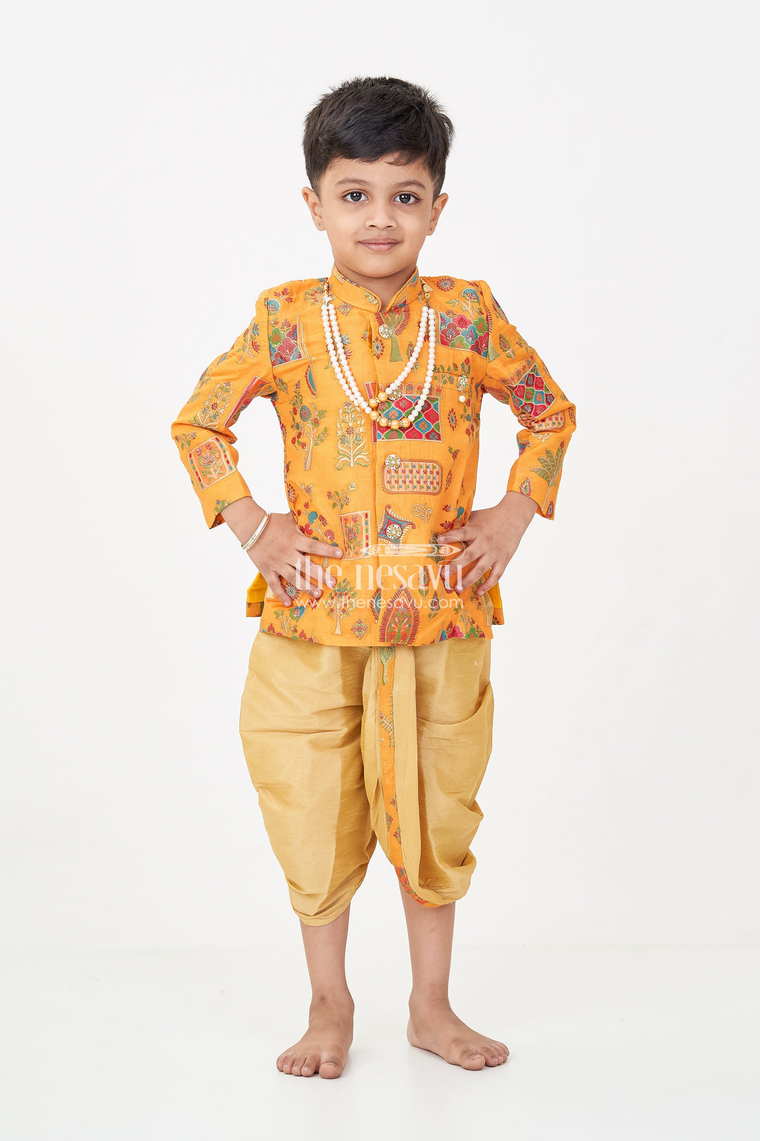 The Nesavu Boys Sherwani Boys Dhoti and Sherwani Set with Printed Yellow Kurta and Complete Traditional Accessory Kit Nesavu Boys dhoti sherwani Set Yellow Printed Kurta Full Traditional Accessory Ensemble | The Nesavu