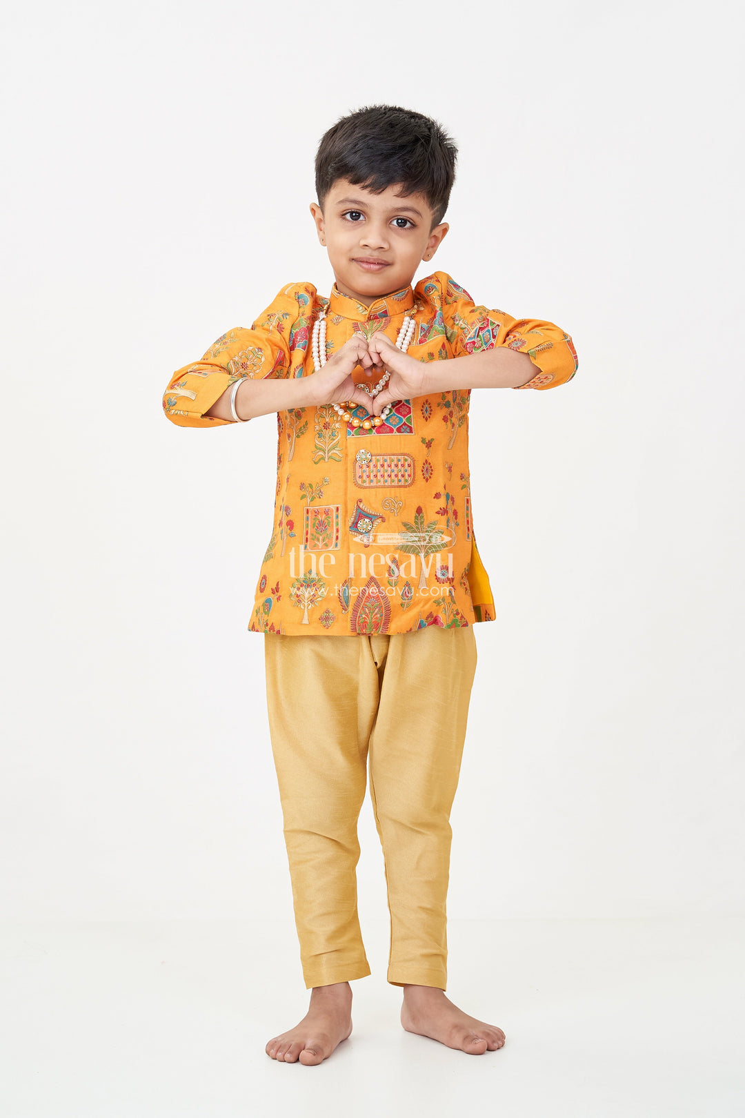 The Nesavu Boys Sherwani Boys Dhoti and Sherwani Set with Printed Yellow Kurta and Complete Traditional Accessory Kit Nesavu Boys dhoti sherwani Set Yellow Printed Kurta Full Traditional Accessory Ensemble | The Nesavu