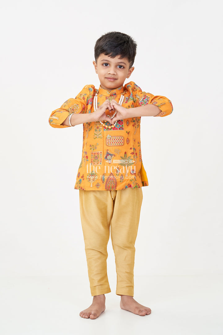 The Nesavu Boys Sherwani Boys Dhoti and Sherwani Set with Printed Yellow Kurta and Complete Traditional Accessory Kit Nesavu Boys dhoti sherwani Set Yellow Printed Kurta Full Traditional Accessory Ensemble | The Nesavu