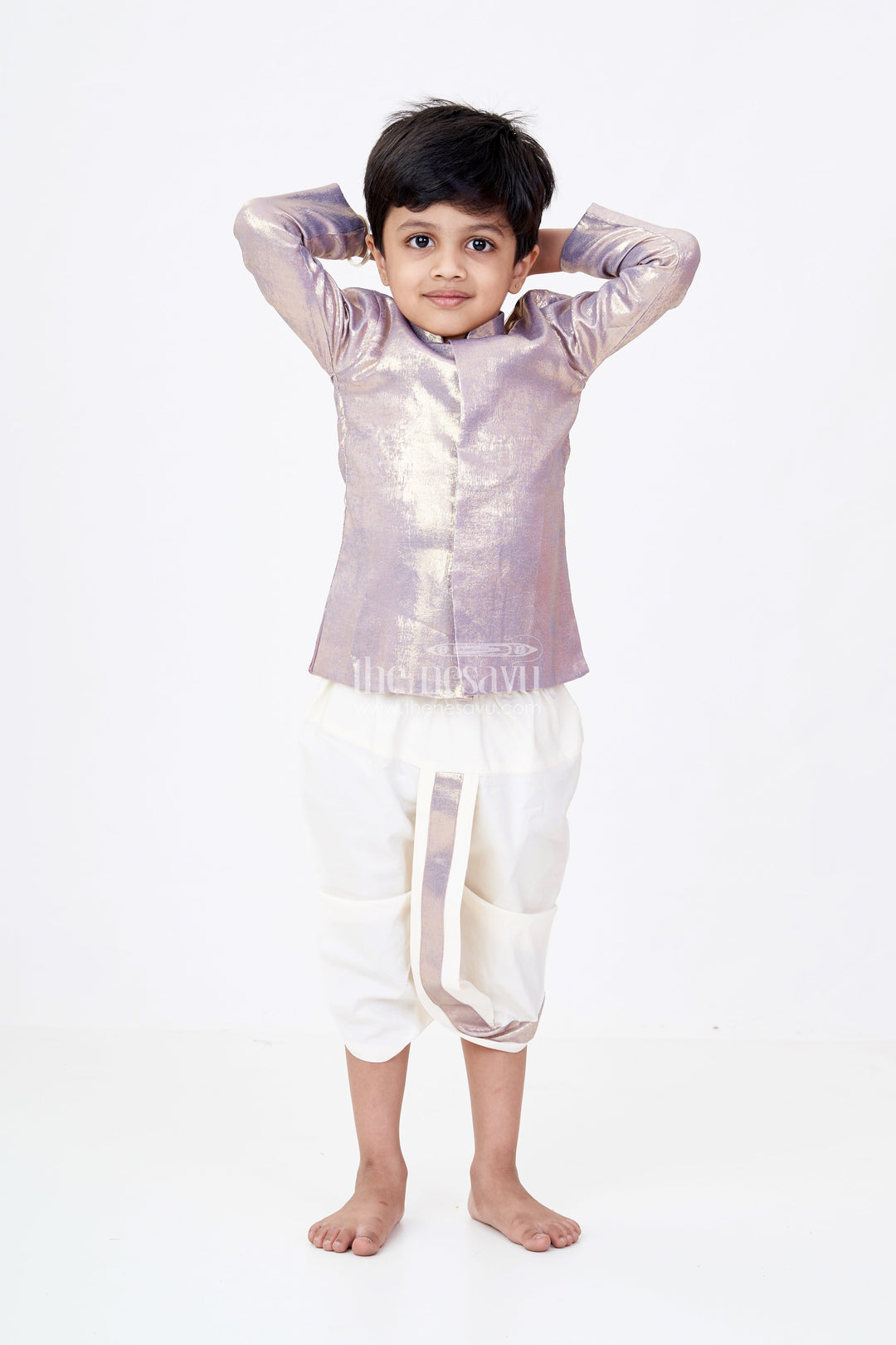 The Nesavu Boys Dothi Set Boys Dhoti and Shirt Set with Metallic Gold Kurta and Cream Dhoti Pants Nesavu 10 (NB) / Gray BES594G-10 Boys Dhoti Shirt Set Metallic Gold Kurta Cream Dhoti Pants | The Nesavu