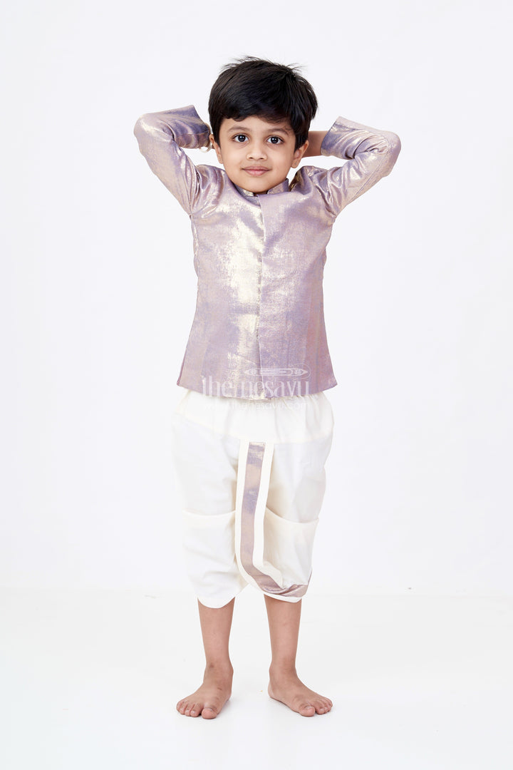 The Nesavu Boys Dothi Set Boys Dhoti and Shirt Set with Metallic Gold Kurta and Cream Dhoti Pants Nesavu 10 (NB) / Gray BES594G-10 Boys Dhoti Shirt Set Metallic Gold Kurta Cream Dhoti Pants | The Nesavu