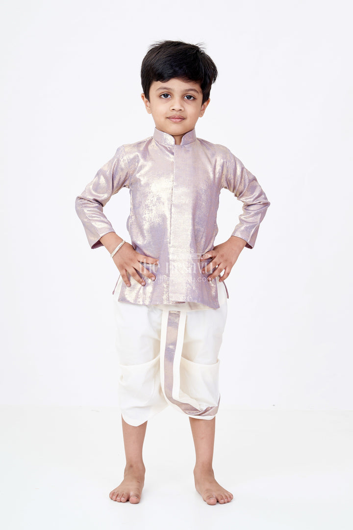 The Nesavu Boys Dothi Set Boys Dhoti and Shirt Set with Metallic Gold Kurta and Cream Dhoti Pants Nesavu Boys Dhoti Shirt Set Metallic Gold Kurta Cream Dhoti Pants | The Nesavu