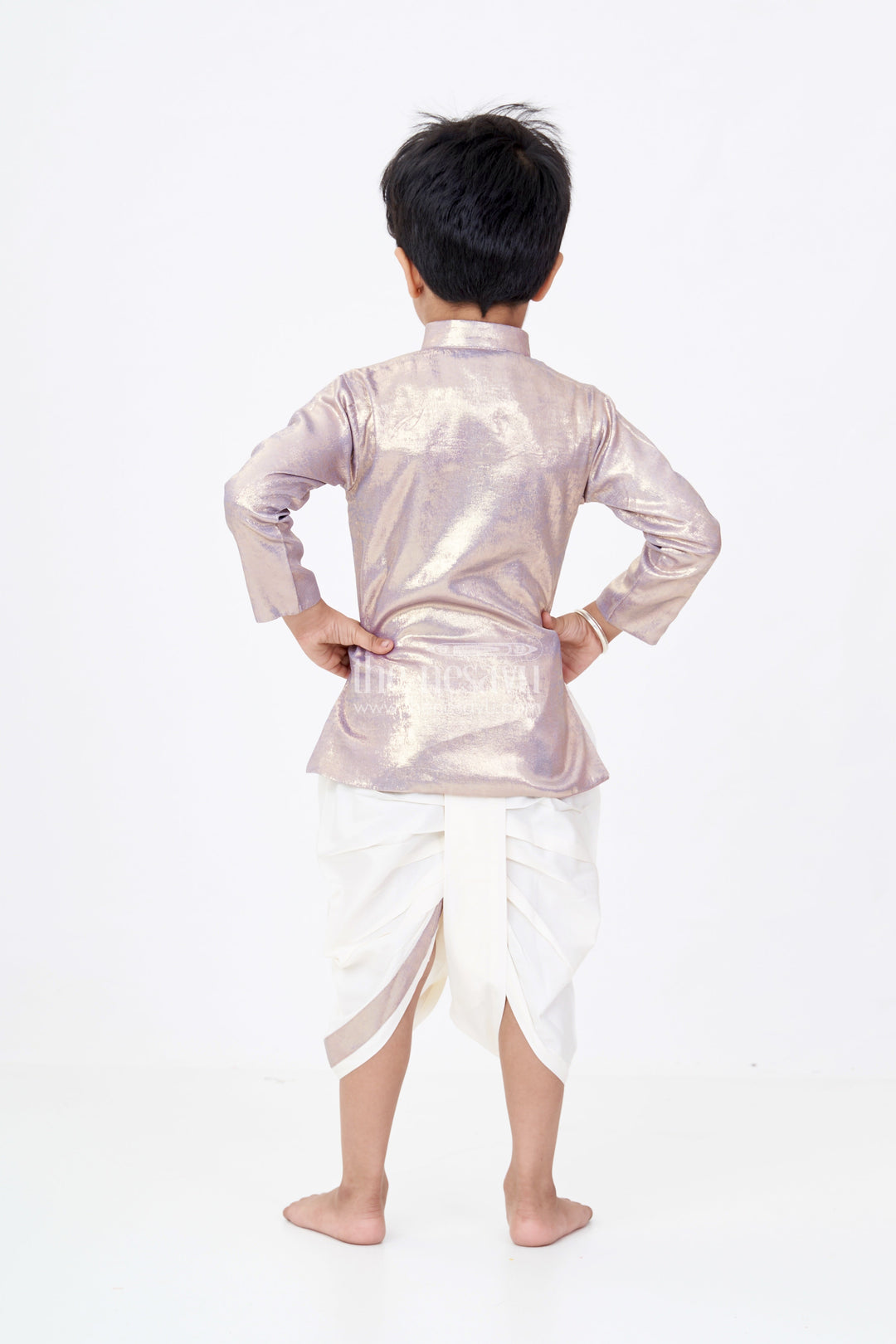 The Nesavu Boys Dothi Set Boys Dhoti and Shirt Set with Metallic Gold Kurta and Cream Dhoti Pants Nesavu Nesavu Boys Dhoti Shirt Set Metallic Gold Kurta Cream Dhoti Pants