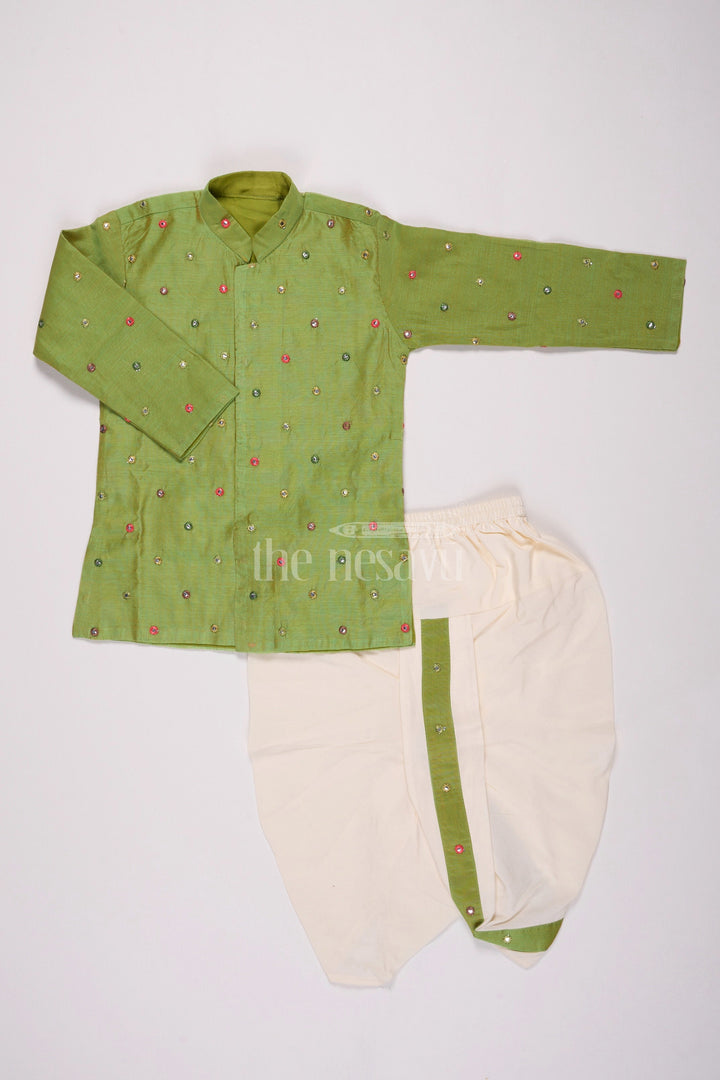 The Nesavu Boys Dothi Set Boys Dhoti Dress in Green Chanderi Fabric with Intricate Embroidery Nesavu 10 (NB) / Green BES595B-10 Nesavu Boys Green Chanderi Dhoti Dress Festive Embroidery Detailing