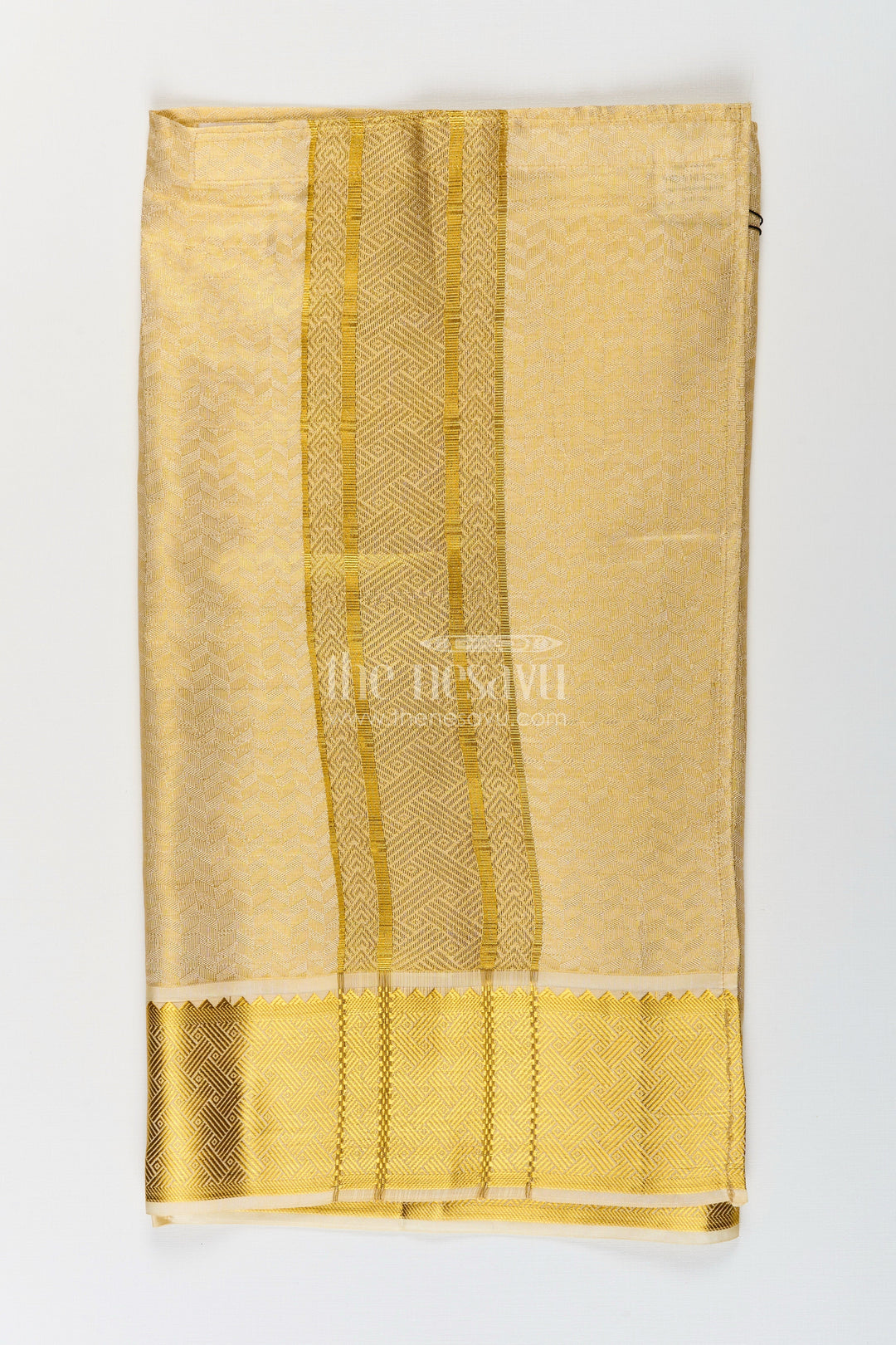 The Nesavu Boys Vesti Boys Dhoti in Embossed Tissue with Grand Zari Detailing Designed for Devotional Dhoti Use Nesavu 16 (1Y) / Gold D025A-16 Devotional Dhoti Boys Embossed Tissue Rich Zari Border Sacred Ceremonies | The Nesavu