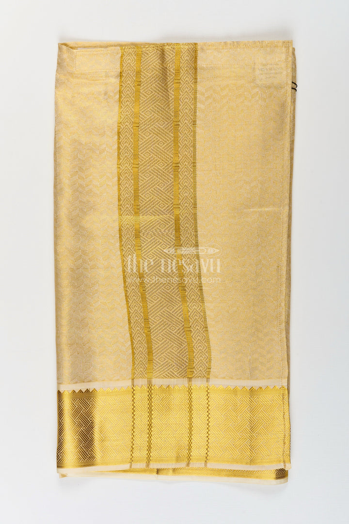The Nesavu Boys Vesti Boys Dhoti in Embossed Tissue with Grand Zari Detailing Designed for Devotional Dhoti Use Nesavu 16 (1Y) / Gold D025A-16 Devotional Dhoti Boys Embossed Tissue Rich Zari Border Sacred Ceremonies | The Nesavu