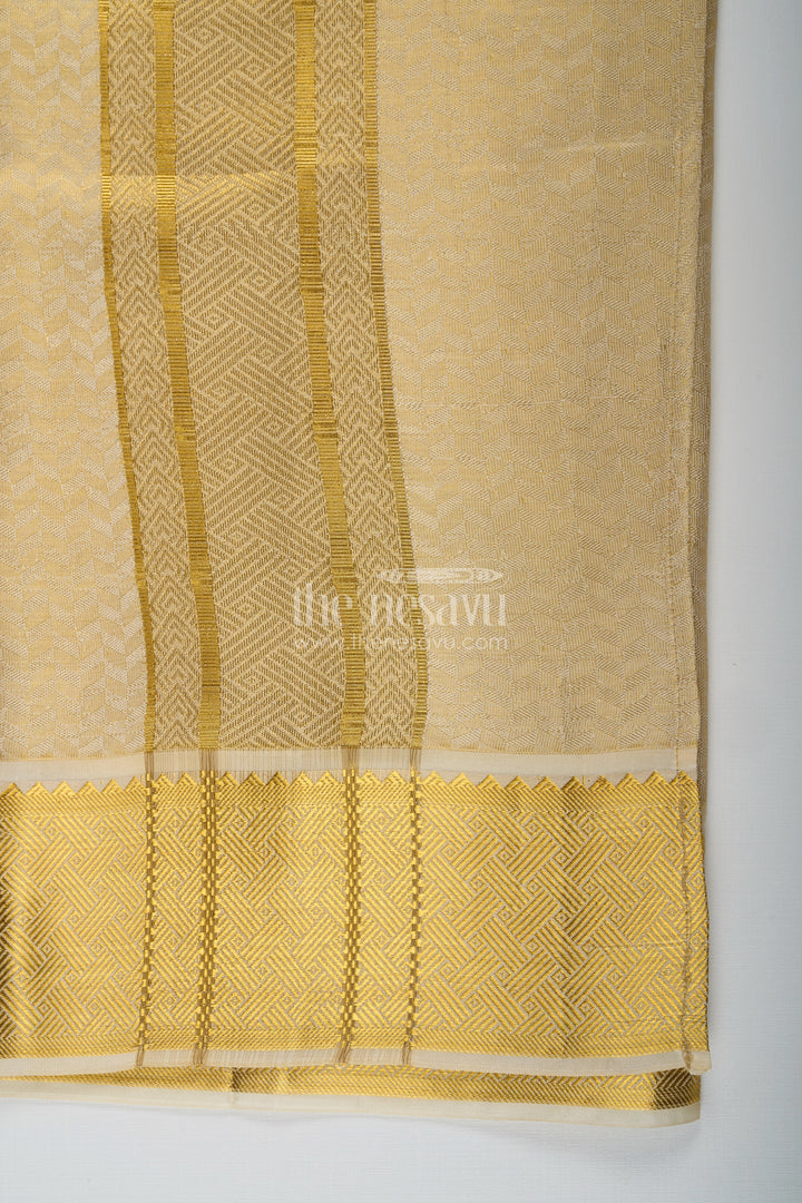 The Nesavu Boys Vesti Boys Dhoti in Embossed Tissue with Grand Zari Detailing Designed for Devotional Dhoti Use Nesavu Devotional Dhoti Boys Embossed Tissue Rich Zari Border Sacred Ceremonies | The Nesavu