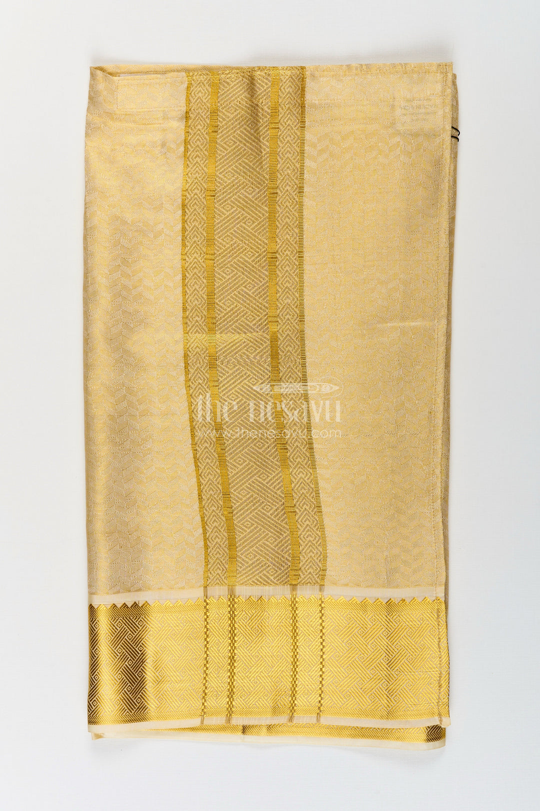 The Nesavu Boys Vesti Boys Dhoti in Embossed Tissue with Grand Zari Detailing Designed for Devotional Dhoti Use Nesavu Devotional Dhoti Boys Embossed Tissue Rich Zari Border Sacred Ceremonies | The Nesavu