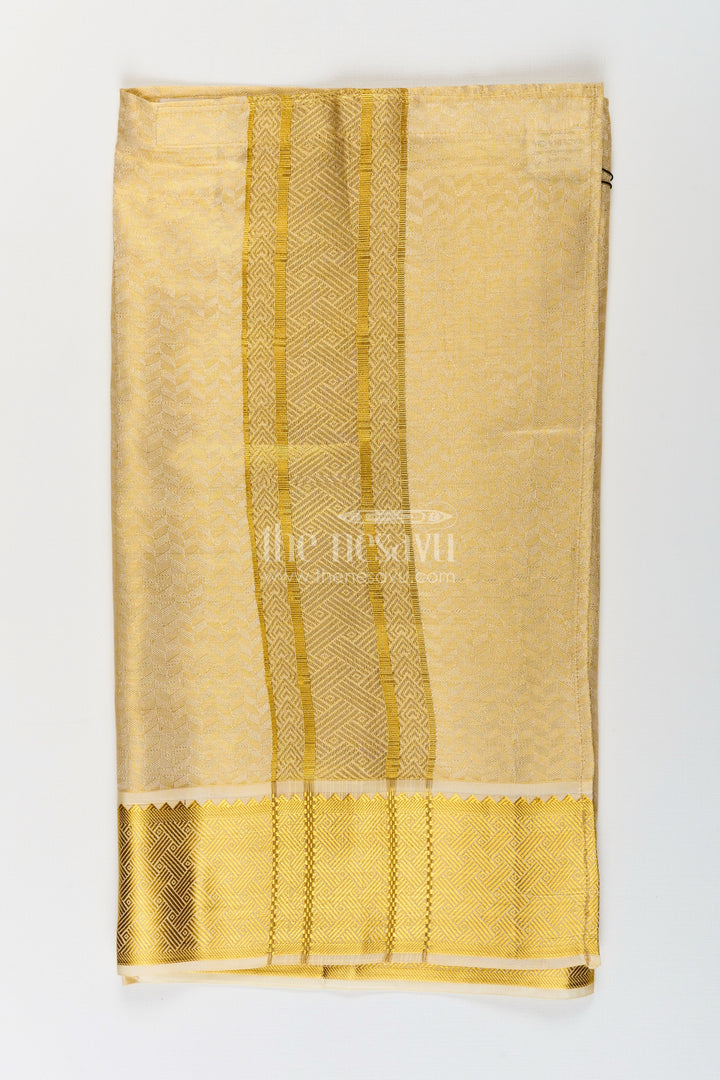 The Nesavu Boys Vesti Boys Dhoti in Embossed Tissue with Grand Zari Detailing Designed for Devotional Dhoti Use Nesavu Devotional Dhoti Boys Embossed Tissue Rich Zari Border Sacred Ceremonies | The Nesavu