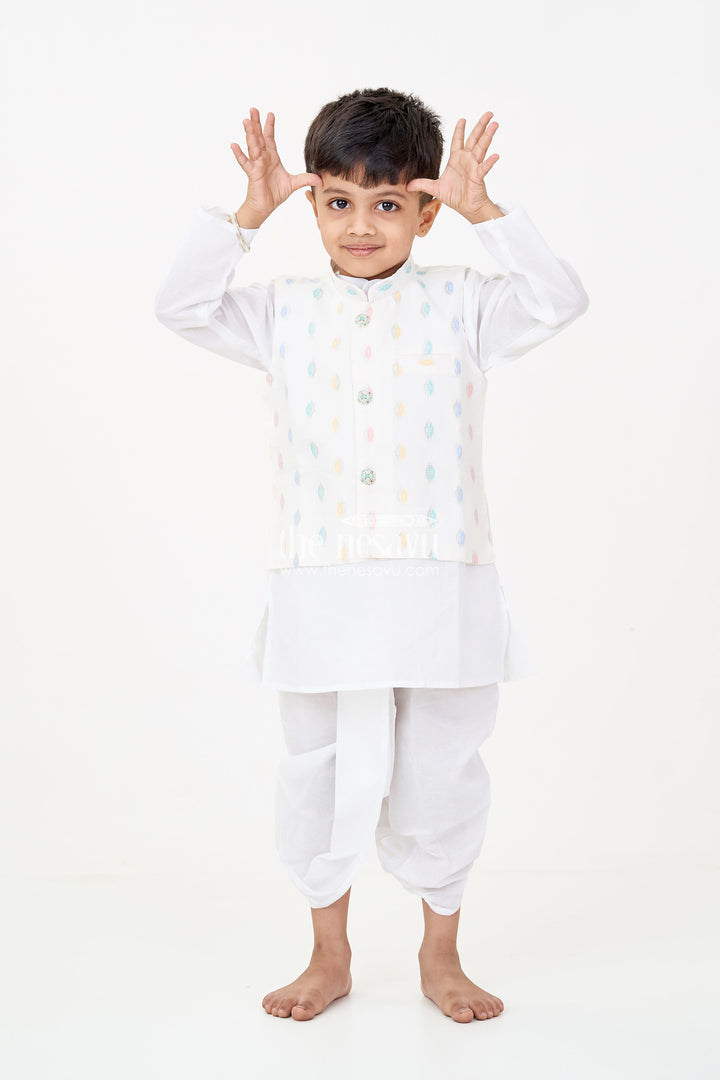 The Nesavu Boys Dothi Set Boys Dhoti Jacket Set in White Cotton with Thread Weave Embellished Jacket and Kurta Nesavu 12 (3M) / White BES700A-12 Boys Dhoti Jacket Set White Cotton Thread Weave Embellishments Classic Kurta | The Nesavu