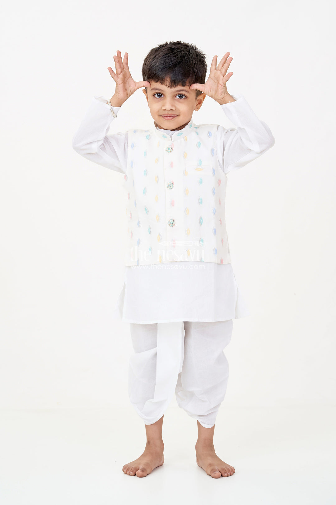 The Nesavu Boys Dothi Set Boys Dhoti Jacket Set in White Cotton with Thread Weave Embellished Jacket and Kurta Nesavu 12 (3M) / White BES700A-12 Nesavu Boys Dhoti Jacket Set White Cotton Thread Weave Embellishments Classic Kurta