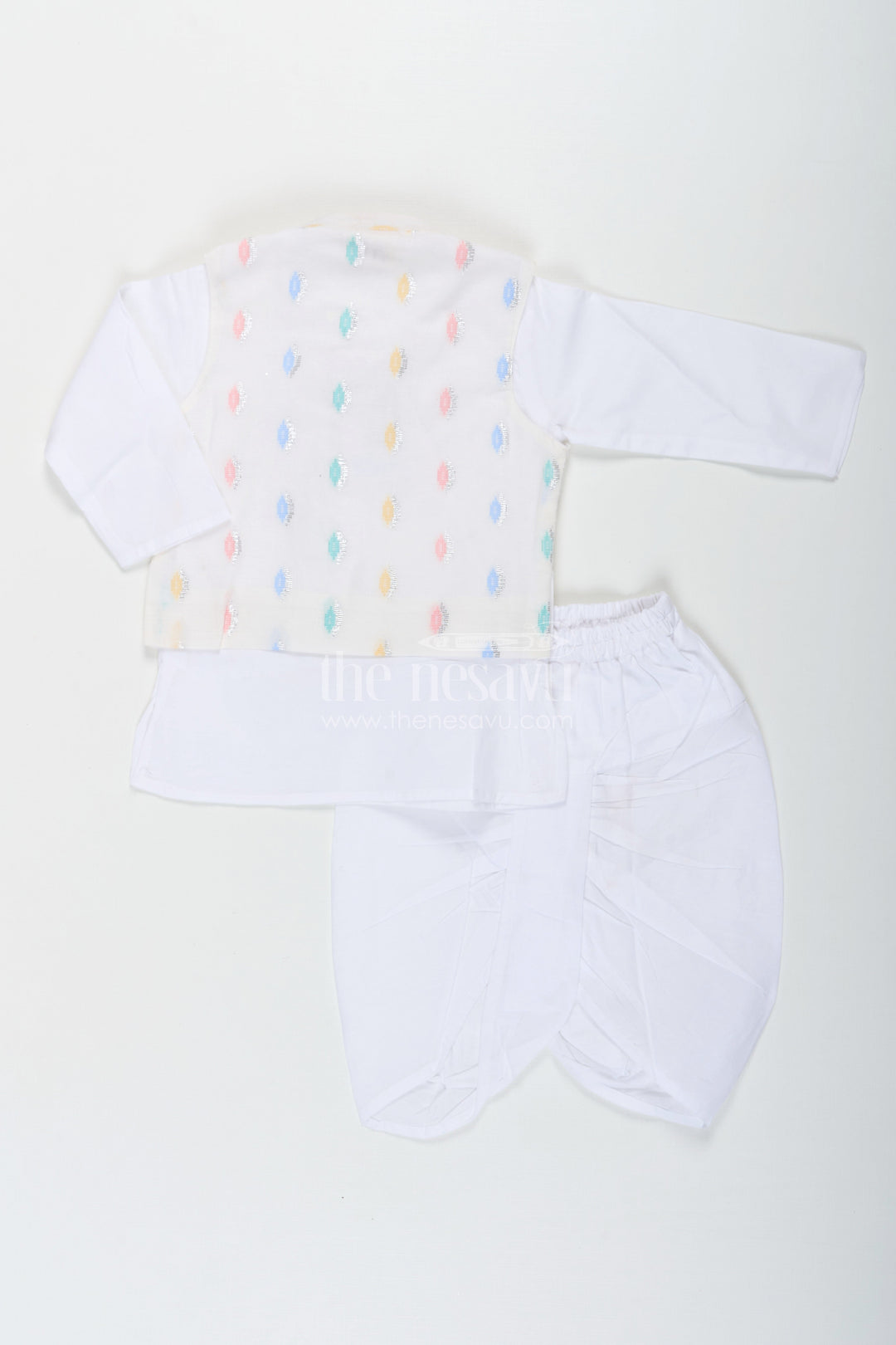The Nesavu Boys Dothi Set Boys Dhoti Jacket Set in White Cotton with Thread Weave Embellished Jacket and Kurta Nesavu Boys Dhoti Jacket Set White Cotton Thread Weave Embellishments Classic Kurta | The Nesavu