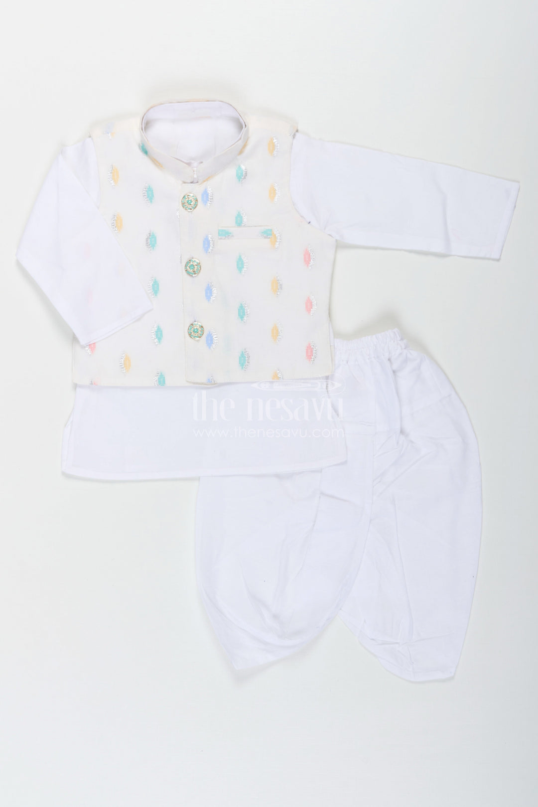 The Nesavu Boys Dothi Set Boys Dhoti Jacket Set in White Cotton with Thread Weave Embellished Jacket and Kurta Nesavu Boys Dhoti Jacket Set White Cotton Thread Weave Embellishments Classic Kurta | The Nesavu