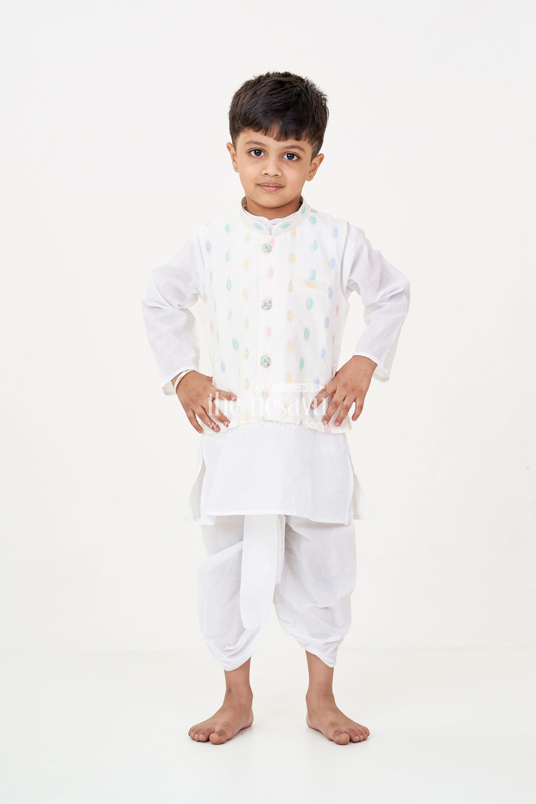 The Nesavu Boys Dothi Set Boys Dhoti Jacket Set in White Cotton with Thread Weave Embellished Jacket and Kurta Nesavu Boys Dhoti Jacket Set White Cotton Thread Weave Embellishments Classic Kurta | The Nesavu