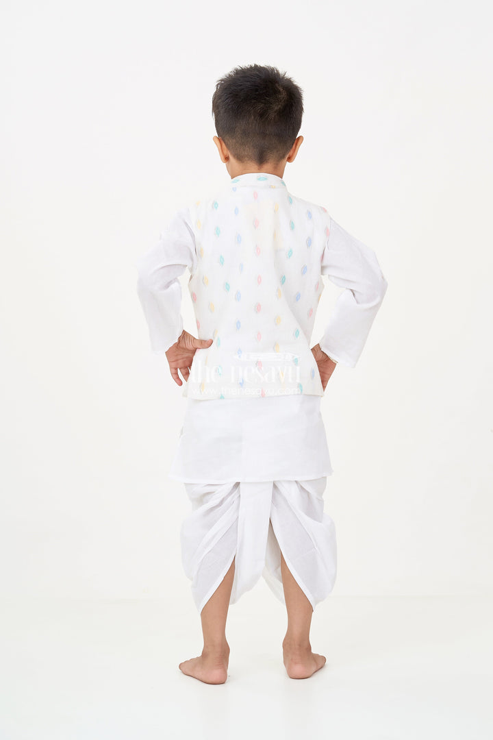 The Nesavu Boys Dothi Set Boys Dhoti Jacket Set in White Cotton with Thread Weave Embellished Jacket and Kurta Nesavu Nesavu Boys Dhoti Jacket Set White Cotton Thread Weave Embellishments Classic Kurta