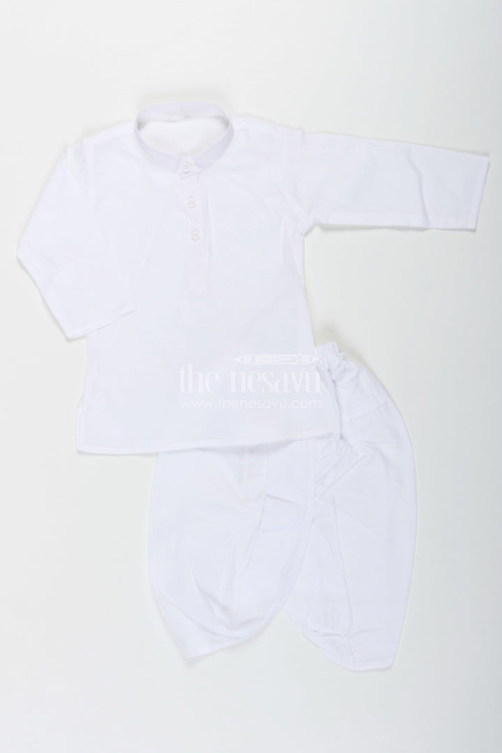 The Nesavu Boys Dothi Set Boys Dhoti Jacket Set in White Cotton with Thread Weave Embellished Jacket and Kurta Nesavu Nesavu Boys Dhoti Jacket Set White Cotton Thread Weave Embellishments Classic Kurta