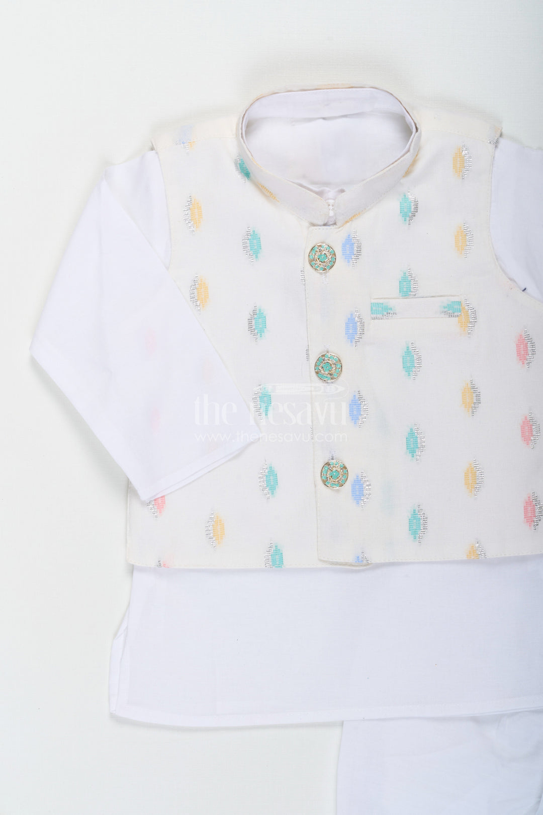 The Nesavu Boys Dothi Set Boys Dhoti Jacket Set in White Cotton with Thread Weave Embellished Jacket and Kurta Nesavu Nesavu Boys Dhoti Jacket Set White Cotton Thread Weave Embellishments Classic Kurta
