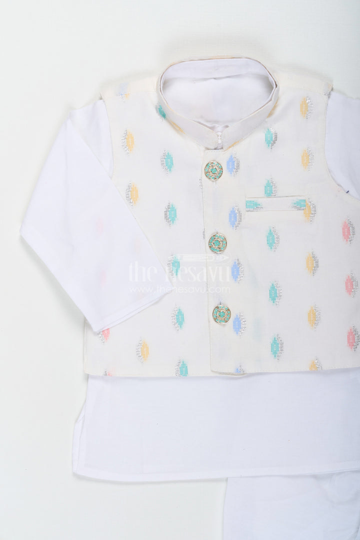 The Nesavu Boys Dothi Set Boys Dhoti Jacket Set in White Cotton with Thread Weave Embellished Jacket and Kurta Nesavu Nesavu Boys Dhoti Jacket Set White Cotton Thread Weave Embellishments Classic Kurta