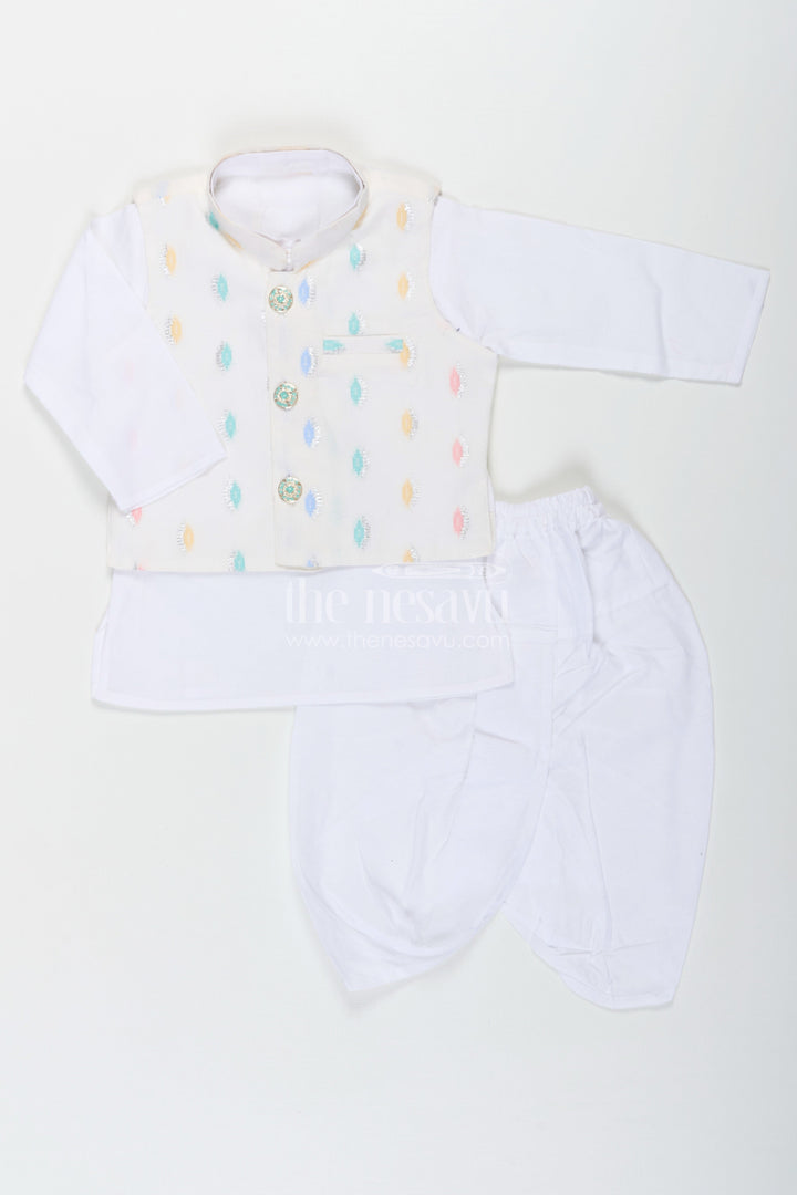 The Nesavu Boys Dothi Set Boys Dhoti Jacket Set in White Cotton with Thread Weave Embellished Jacket and Kurta Nesavu Nesavu Boys Dhoti Jacket Set White Cotton Thread Weave Embellishments Classic Kurta