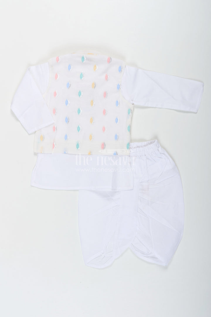 The Nesavu Boys Dothi Set Boys Dhoti Jacket Set in White Cotton with Thread Weave Embellished Jacket and Kurta Nesavu Nesavu Boys Dhoti Jacket Set White Cotton Thread Weave Embellishments Classic Kurta