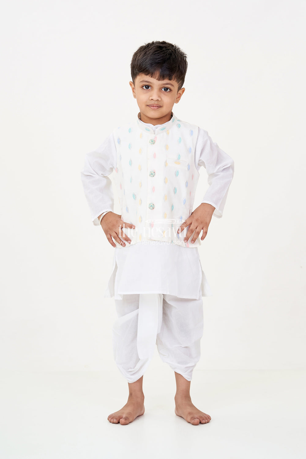 The Nesavu Boys Dothi Set Boys Dhoti Jacket Set in White Cotton with Thread Weave Embellished Jacket and Kurta Nesavu Nesavu Boys Dhoti Jacket Set White Cotton Thread Weave Embellishments Classic Kurta