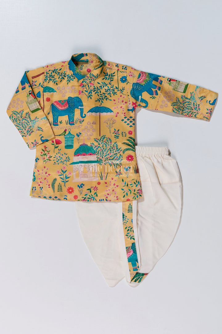 The Nesavu Boys Dothi Set Boys Dhoti Kurta Dress in Muslin Silk with Vibrant Digital Printed Design Nesavu 12 (3M) / Yellow BES641A-12 Boys Dhoti Kurta Dress Muslin Silk Vibrant Digital Printed Design | The Nesavu
