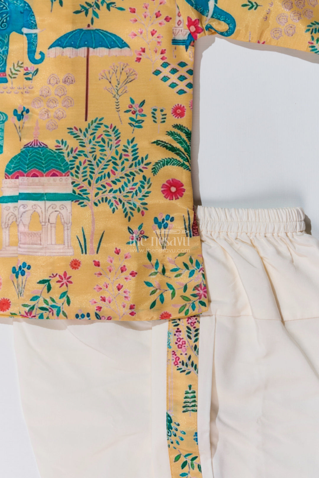 The Nesavu Boys Dothi Set Boys Dhoti Kurta Dress in Muslin Silk with Vibrant Digital Printed Design Nesavu Boys Dhoti Kurta Dress Muslin Silk Vibrant Digital Printed Design | The Nesavu