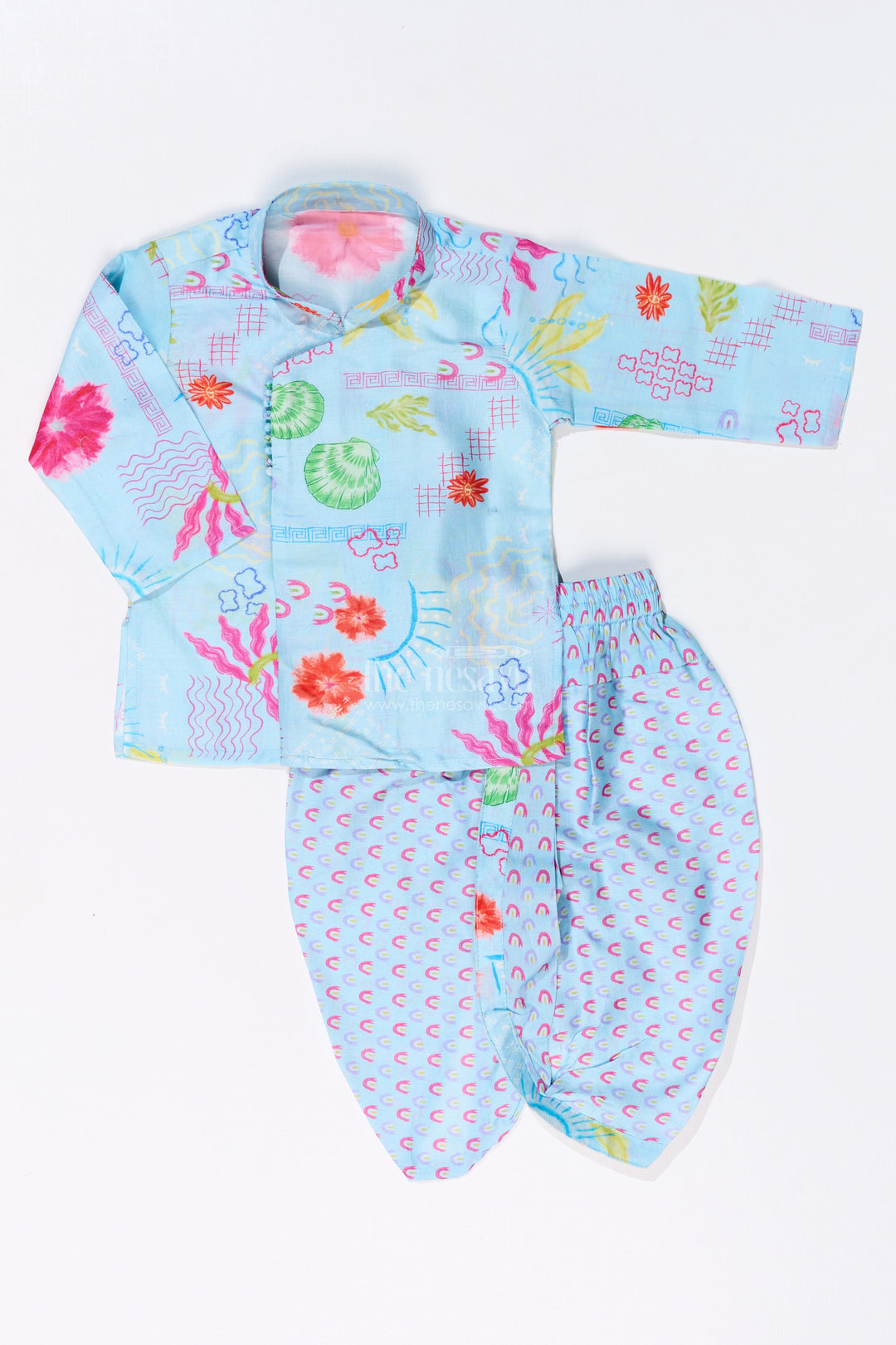 The Nesavu Boys Dothi Set Boys Dhoti Kurta for Kids with Floral Cotton Print for Traditional Celebrations Nesavu 12 (3M) / Blue BES651B-12 Boys Dhoti Kurta Kids Floral Cotton Print Traditional Festive Wear | The Nesavu